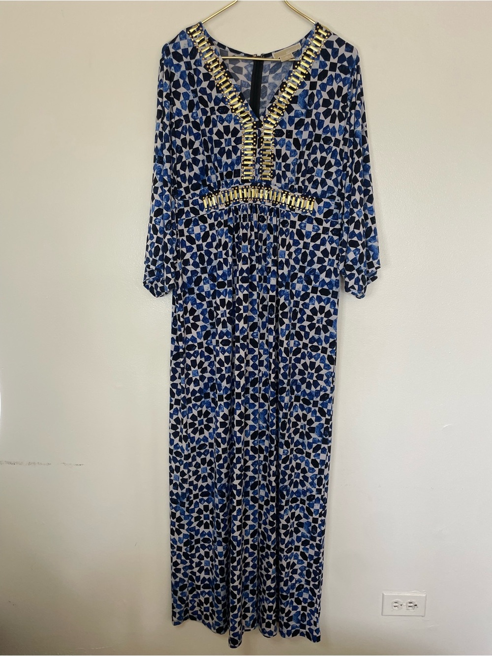Michael Kors Blue Patterned Maxi Dress with Gold Trim Accents Size 1X